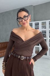 Kahve V yaka Drapeli Bluz SY-3466-Kahve