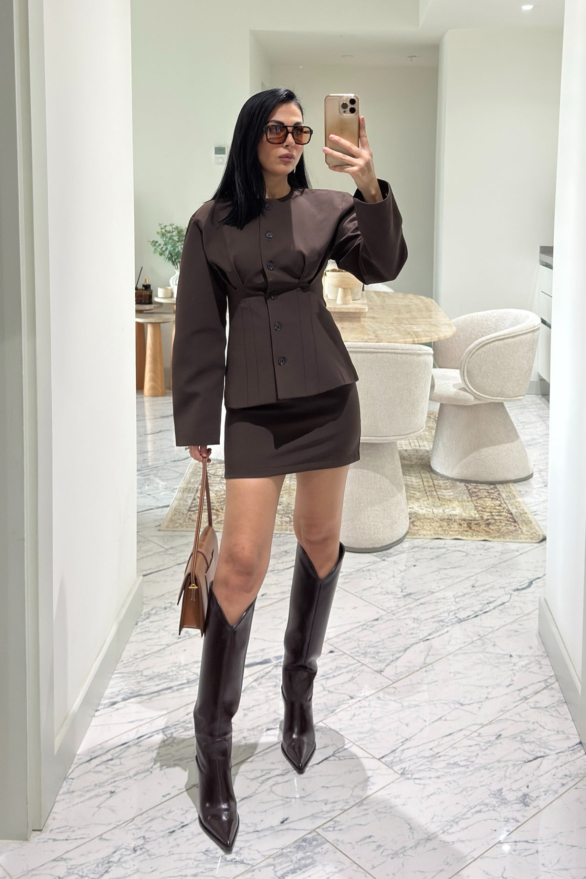 Kahverengi Tasarım Belden Oturmalı Ceket ve Etek Takım SY-3601-Kahverengi