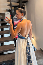 Mavi Çapraz Boyundan Bağlamalı Saten Crop Top SY-3784-Mavi