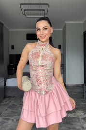 Barbie Luxe Korse Detay Mini Elbise SY-3716-Pembe