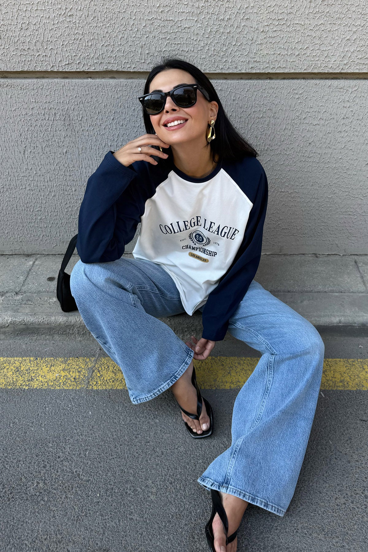 Ekru Reglan Kol Baskılı Bisiklet Yaka İnce Sweatshirt SY-3316-Ekru