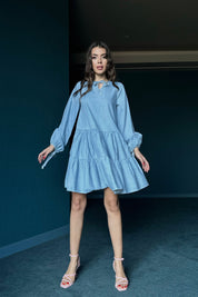 Buz Mavisi Bağcık Detaylı Denim Elbise SY-0335-Buz Mavisi