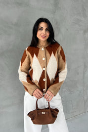 Kahverengi Geçişli Yumoş Baklava Desenli Hırka SY-2769-Kahverengi