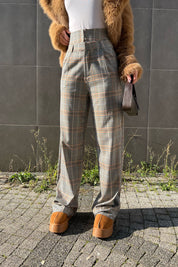 Bej Desenli Çift Bel Detaylı Bol Paça Pantolon SY-1471-Bej