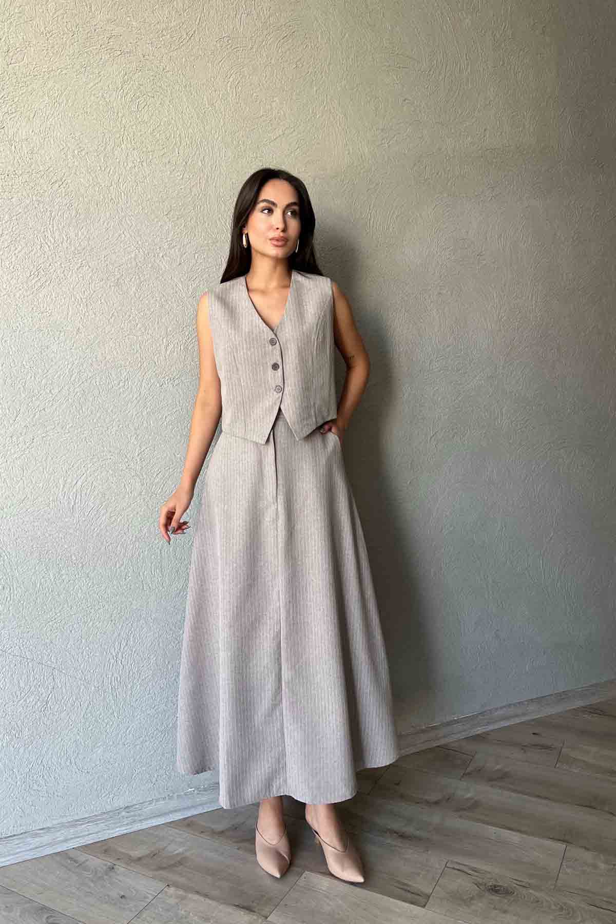 Gri  Beyaz Çizgili Çan Etek ve Yelek Takım SY-0896-Gri