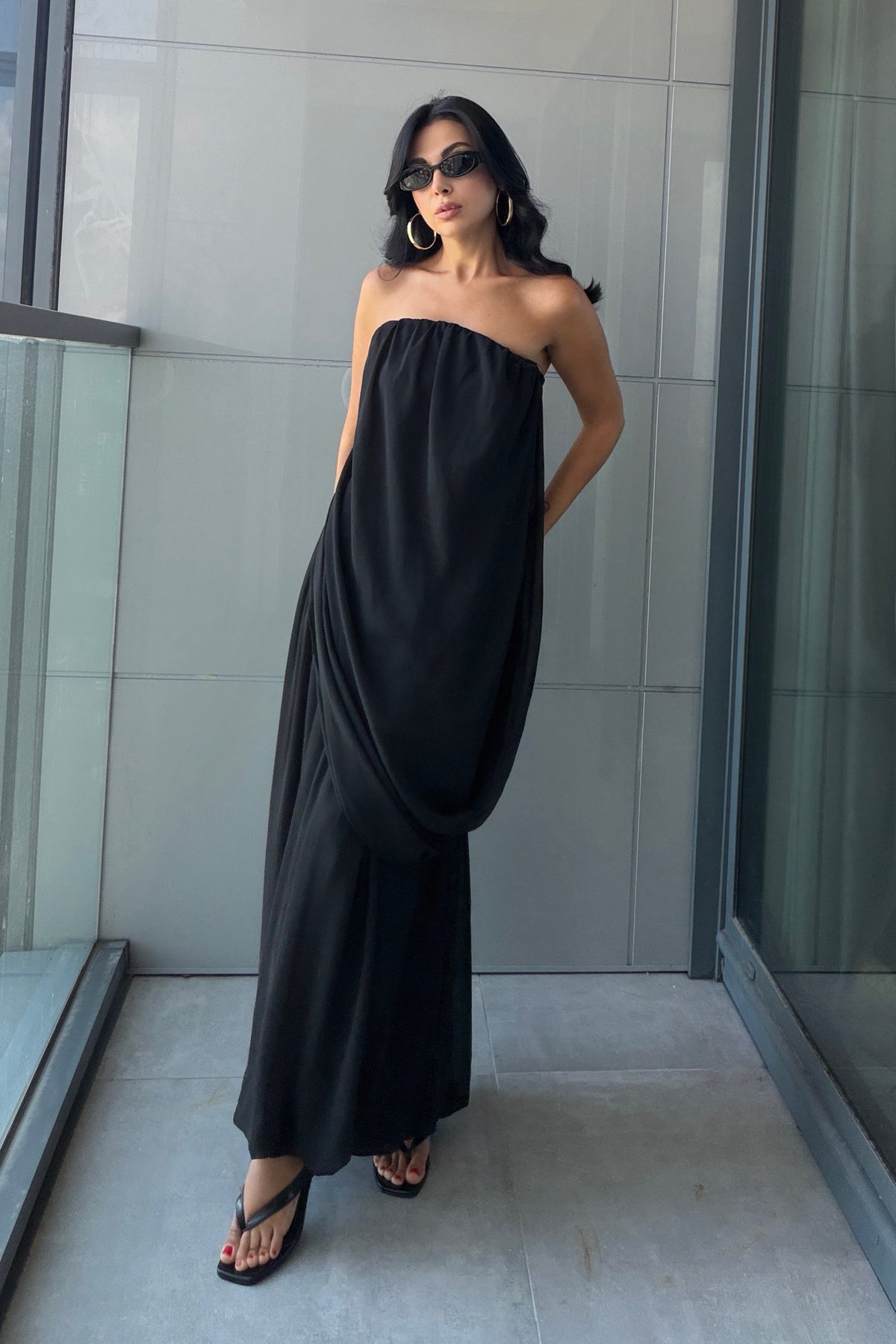 Siyah Straplez Top & Balon Midi Etek İkili Takım SY-3819-Siyah