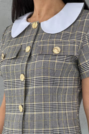 Sarı Ekoseli Bebe Yaka Gold Düğmeli Elbise SY-2544-Sarı