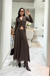 Dantel Detaylı Fitilli Hırka Ve Etek Takım SY-3507-Kahverengi