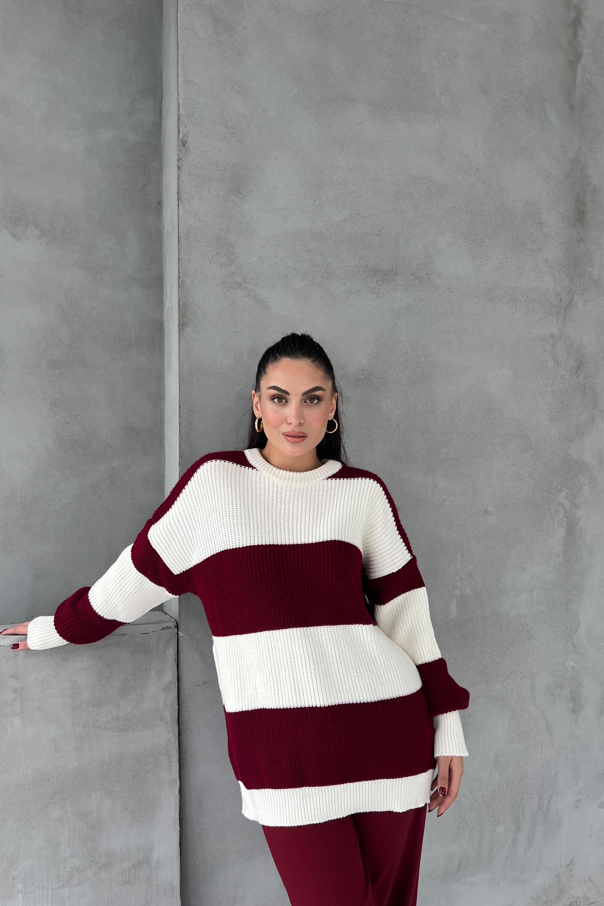 Bordo Penida Blok Renkli Oversize Kazak SY-2647-Bordo