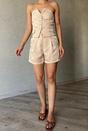 Bej Pile Detay Saten Şort SY-2583-Bej