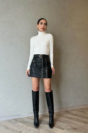 Siyah Gold Fermuarlı Kemerli Deri Etek SY-1470-Siyah