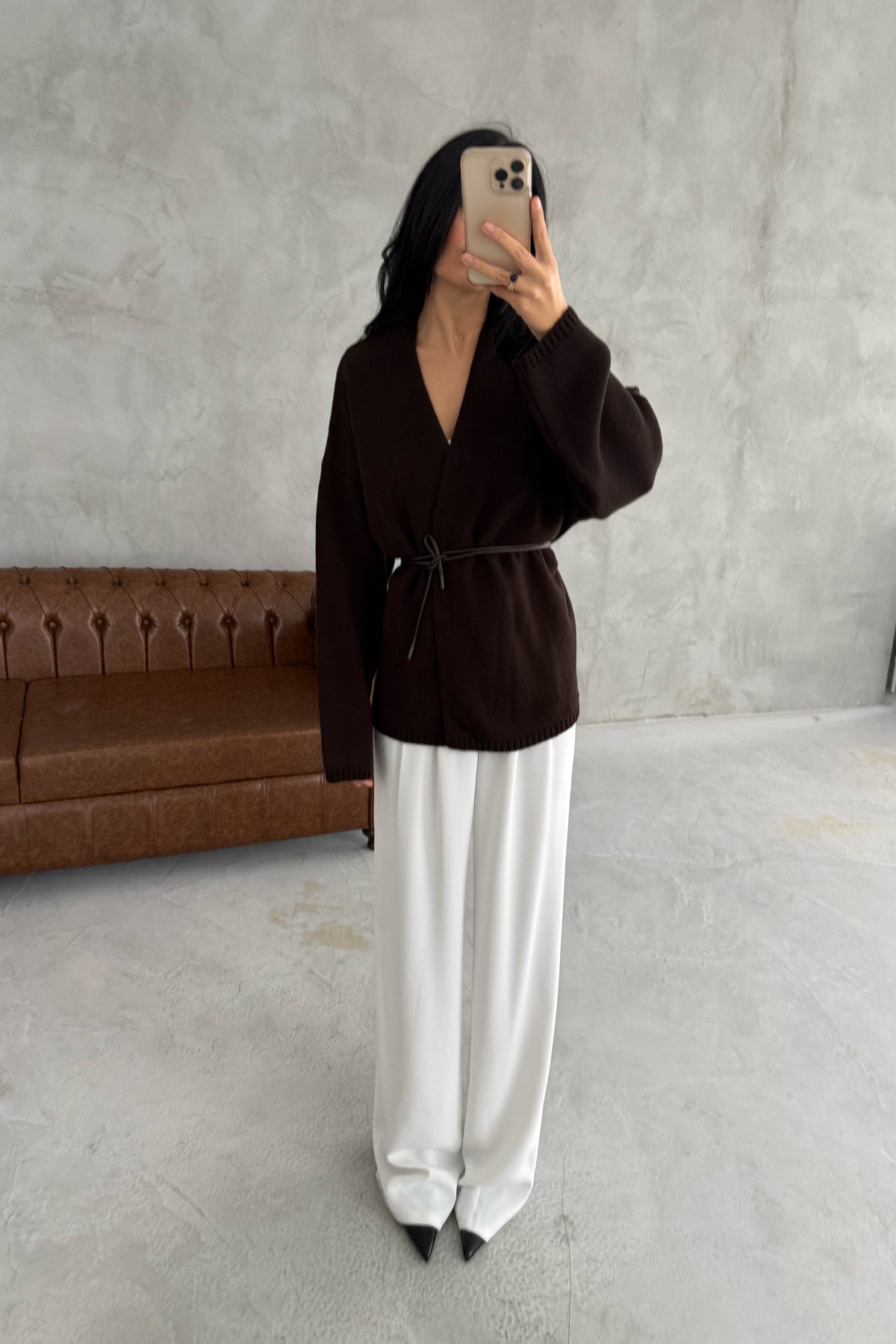 Kahve Deri Kemerli Triko Hırka SY-3405-Kahve