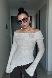 Rosa Casica Carmen Yaka Bej Triko Kazak SY-3496-Bej