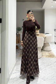 Kahve Ekose Desenli Şifon Etek SY-3558-Bordo