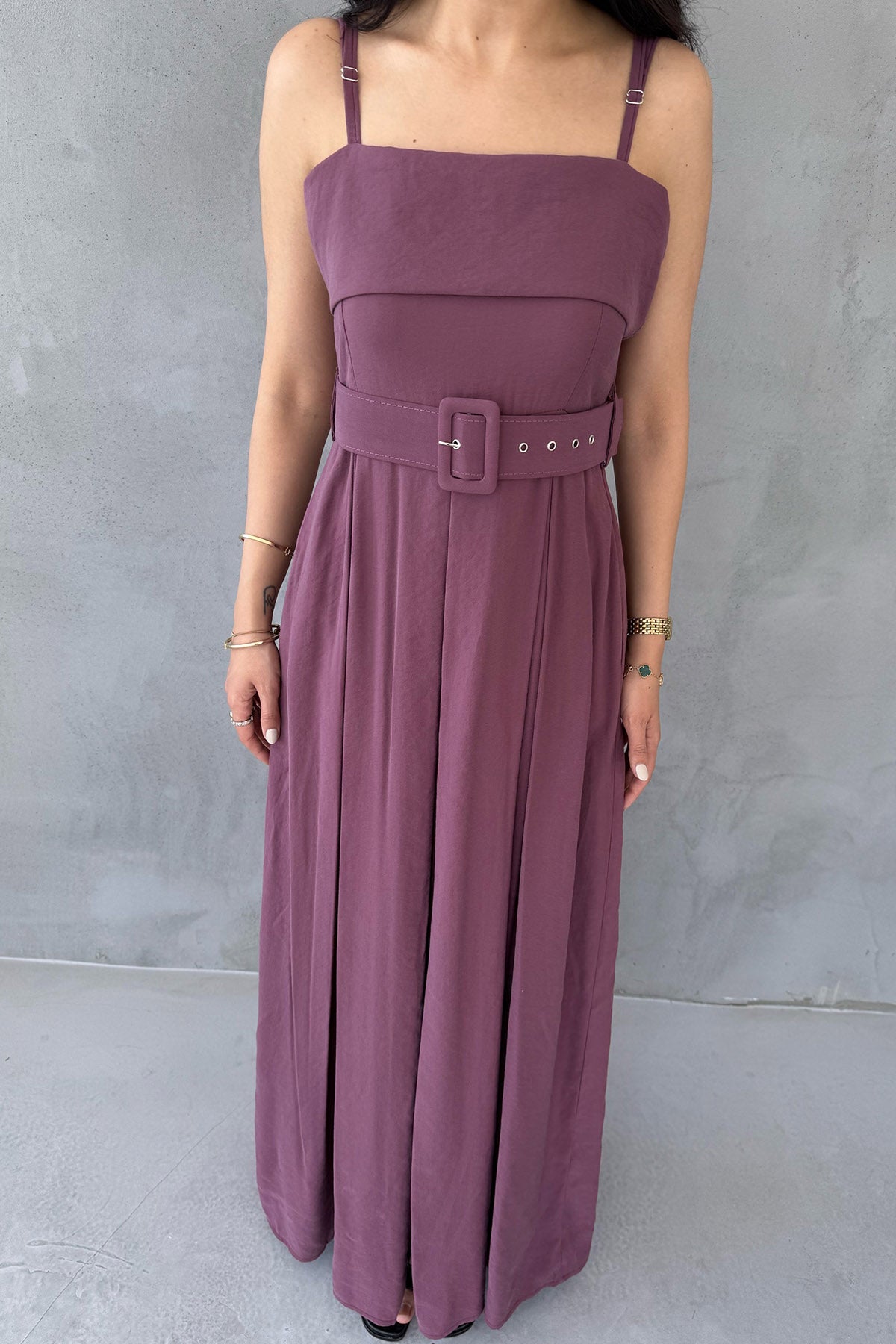 Mürdüm Geniş Pileli Kemerli Elbise SY-3070-Mürdüm