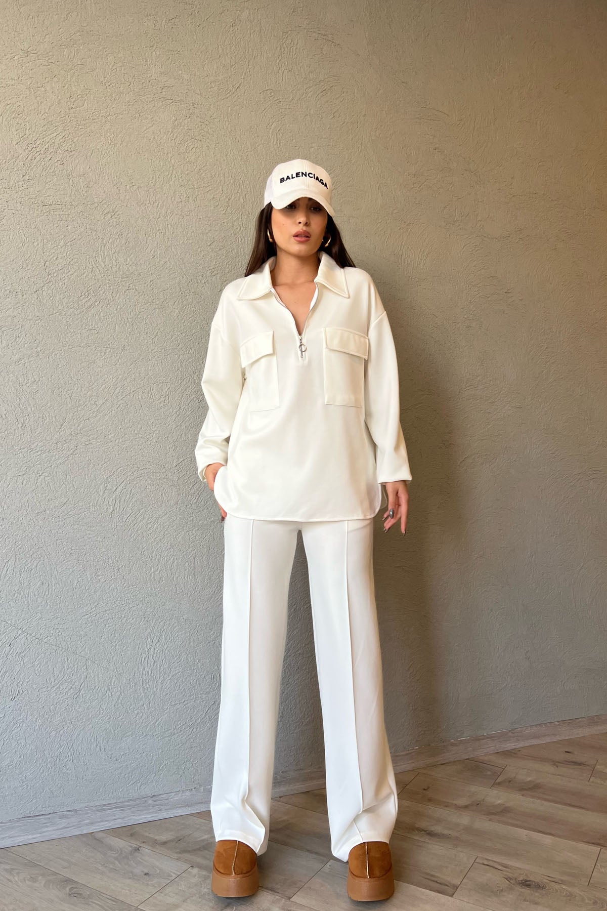 Ekru Fermuarlı Sweat ve Bol Paça Pantolon Takım SY-1490-Ekru
