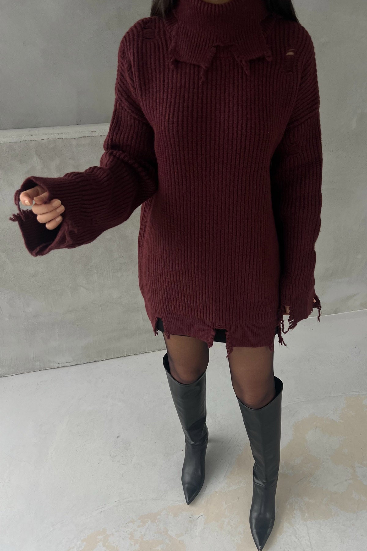 Bordo Yırtık Detaylı Boğazlı Triko Kazak SY-2840-Bordo