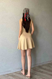 Vizon Kare Yaka Eteği Volanlı Mini Elbise SY-1928-Vizon