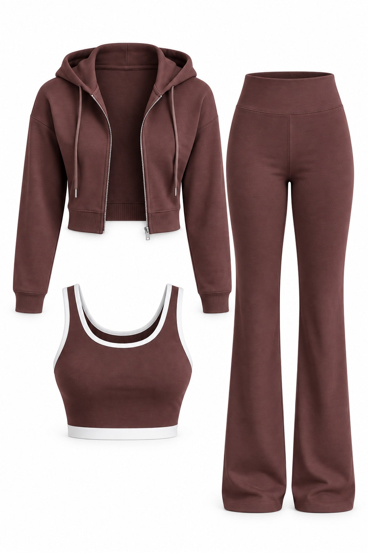 Crop Atletli İspanyol Paça 3'lü Casual Kahverengi Takım SY-3888-Kahverengi