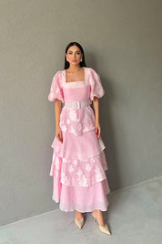 Pembe Tasarım Kat Detaylı Pinterest Lipari Elbise SY-3027-Pembe