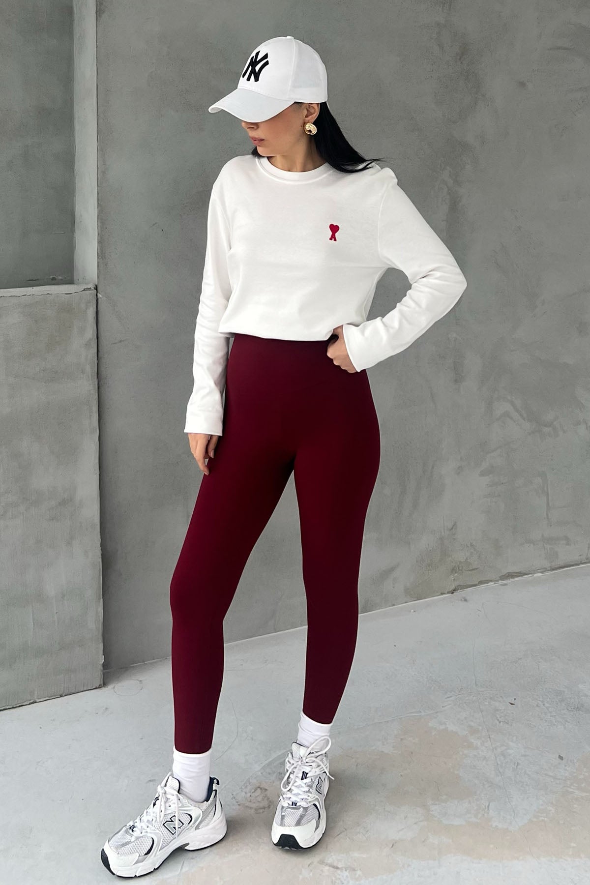 Bordo Yüksek Bel Biker Uzun Tayt SY-2656-Bordo