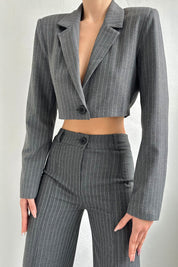 Gri Çizgili Tek Düğmeli Crop Ceket Pantolon Takım SY-0051-Gri