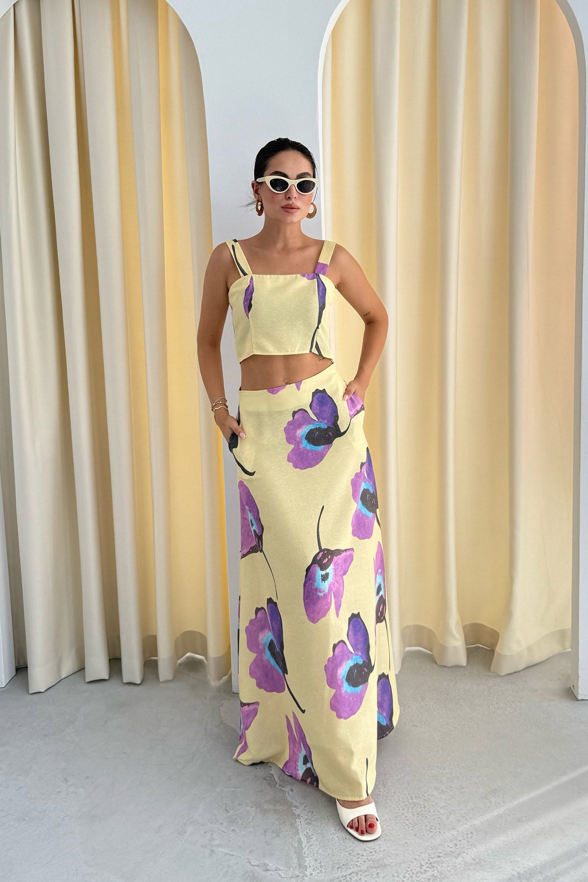 Renkli Çicek Desenli Keten Crop Etek Takım SY-3304-Renkli