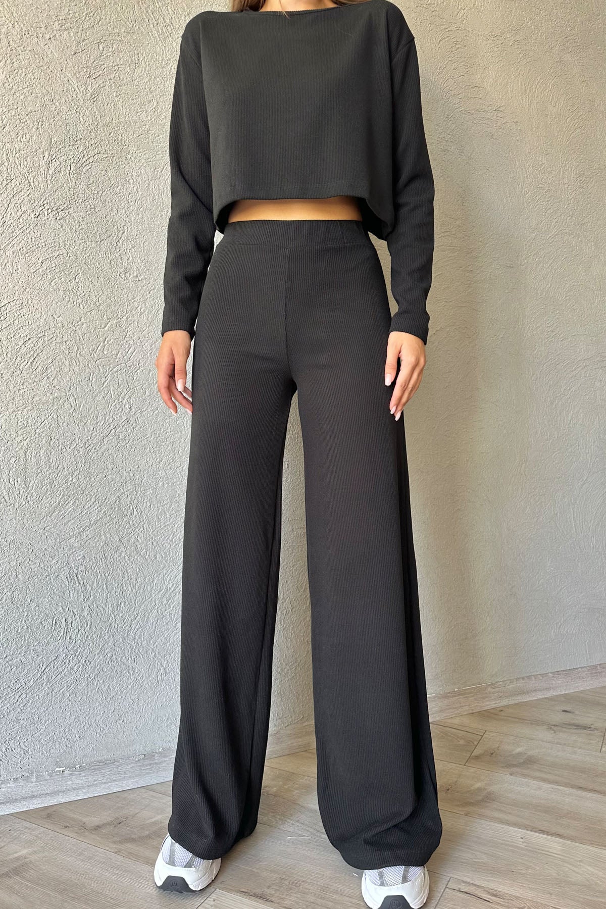 Siyah Fitilli Beli Lastikli Pantolon Ve Bluz Takım SY-1076-Siyah