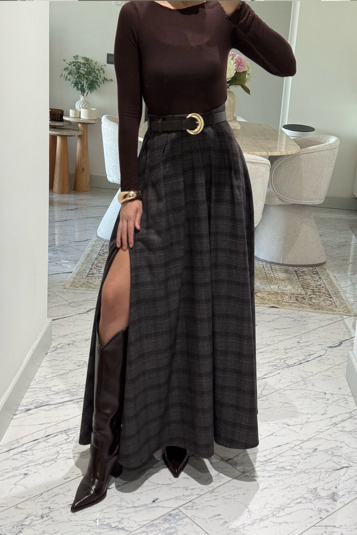 Ekose Desenli Yırtmaç Detaylı Acı Kahve Çizgili Kloş Etek SY-3494-Acı kahve