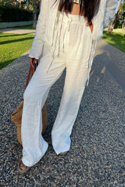 Beyaz Beli Bağcık Detaylı  Keten Pantolon SY-2155-Beyaz