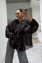 Fırfırlı Kahverengi Tül Bluz SY-3533-Kahverengi