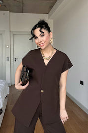 Acı Kahve Gold Düğme Detaylı Asimetrik Kesim Yelek Pantolon Takım SY-3004-Kahve