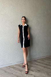 Siyah Garni Yaka Vatka Detaylı Elbise SY-1950-Siyah