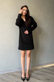 Siyah V Yaka Vatkalı Kaşe Elbise SY-1254-Siyah