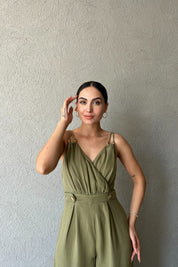 Haki Çapraz Yaka Düğme Detaylı İp Askılı Tulum SY-2306-Haki