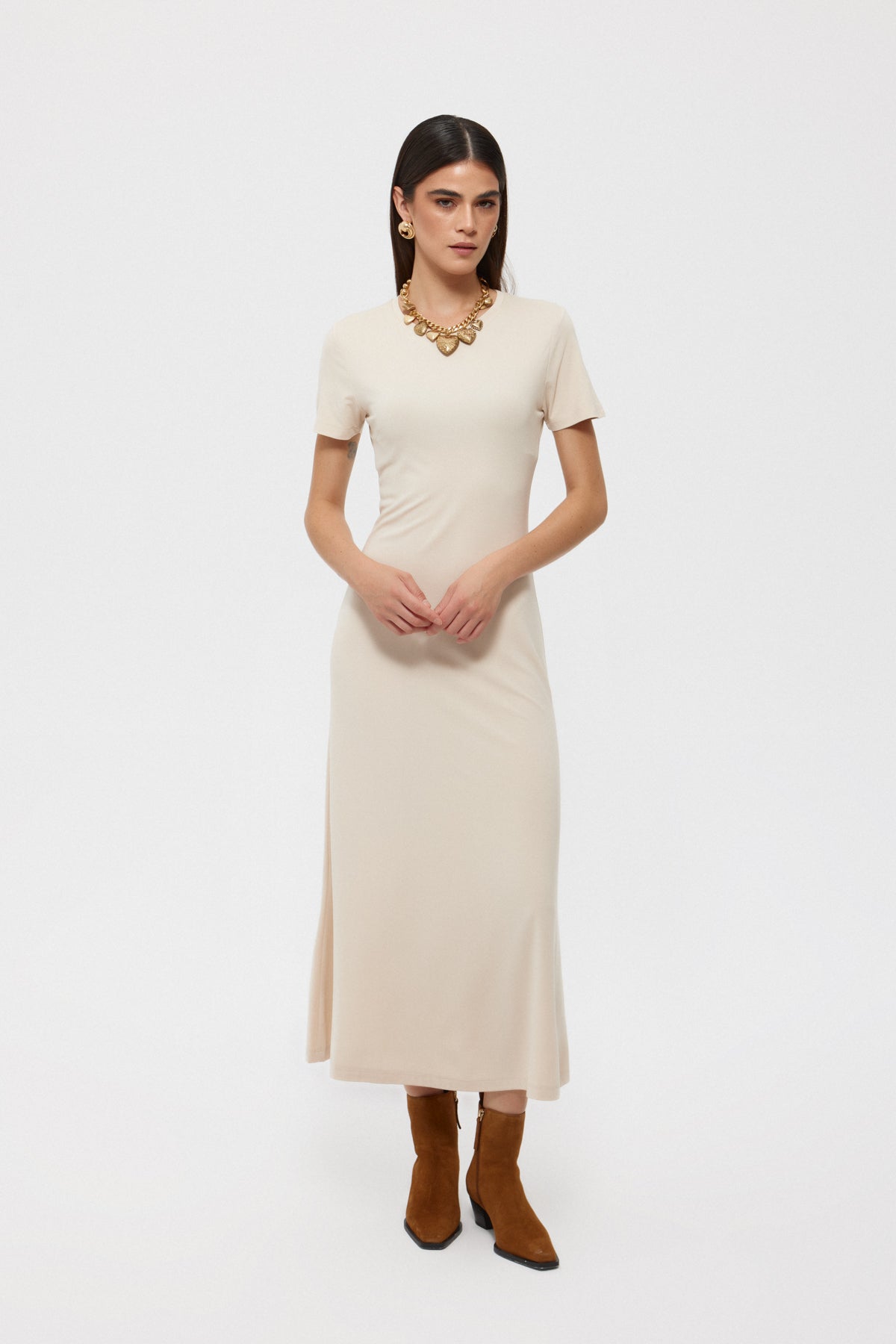 Bej Basıc Uzun Elbise SY-2392-Bej