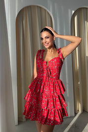 Kırmızı Çiçekli Fırfırlı Mini Elbise SY-0410-Kırmızı