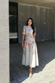 Gold Kemerli Çiçek Desenli Kloş Uzun Elbise (Kemersiz) SY-3378