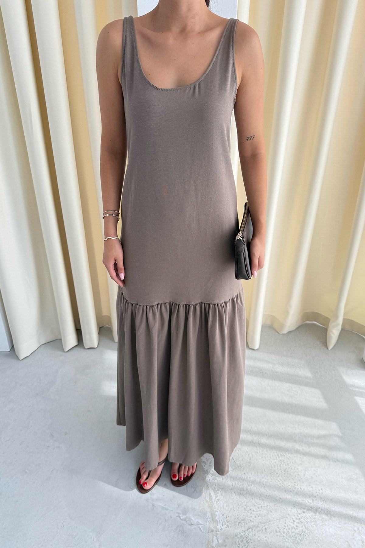 Kahve Askılı Maxi Keten Elbise SY-3134-Kahve