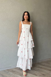 Yeşil Kırmızı Çiçekli Arkası Bağlama Detaylı Kat Kat Elbise SY-2038-Yeşil-Kırmızı