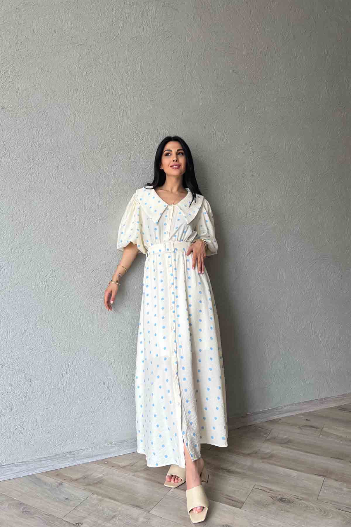 Mavi Puantiye Desenli Düğme Detaylı Balon Kol Elbise SY-1790-Mavi