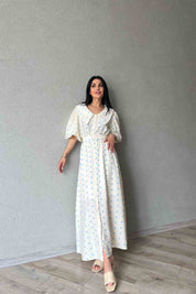 Mavi Puantiye Desenli Düğme Detaylı Balon Kol Elbise SY-1790-Mavi