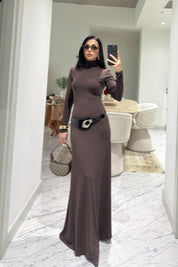 Kahve Kemer Detaylı Maxi Basic Elbise SY-3618-Kahverengi