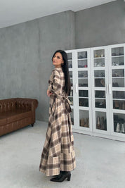 Ekose Desenli Kuşaklı Midi Elbise SY-3465-Kahverengi