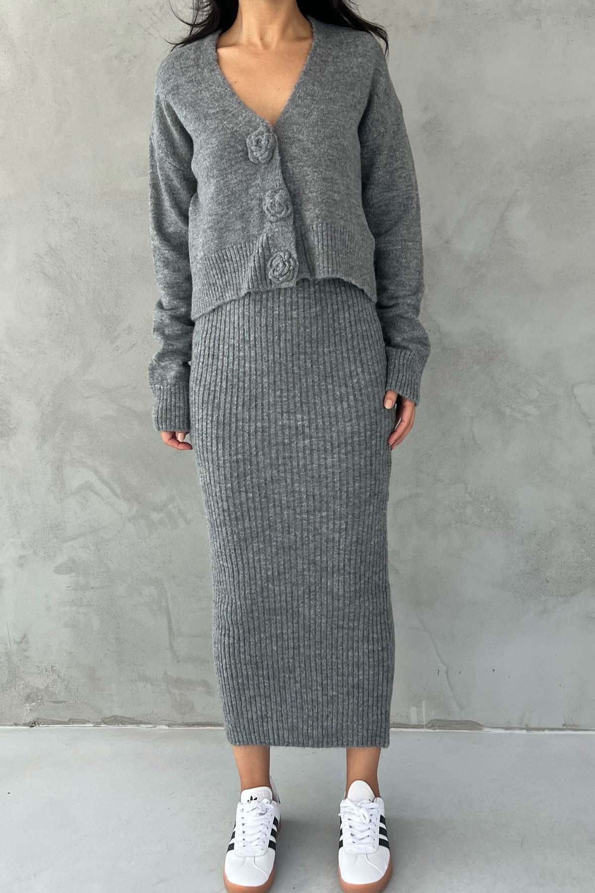 Gri Gül Detaylı Hırka Elbise İkili Takım SY-2448-Gri