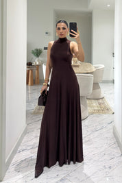 Acı Kahverengi Balıkçı Yaka Maxi Boy Dökümlü Şık Kadın Elbise SY-3632-Kahverengi