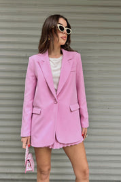 Pembe Oversize Ceket ve Önü Pileli Şort Etek Takım SY-0052-Pembe