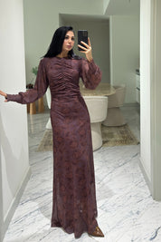 Kahve Önü Büzgü Detaylı Elbise SY-3628-Kahverengi