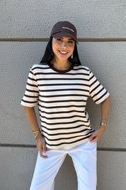 Bej Kahve Çizgili Pamuklu T-shirt SY-3313-Bej