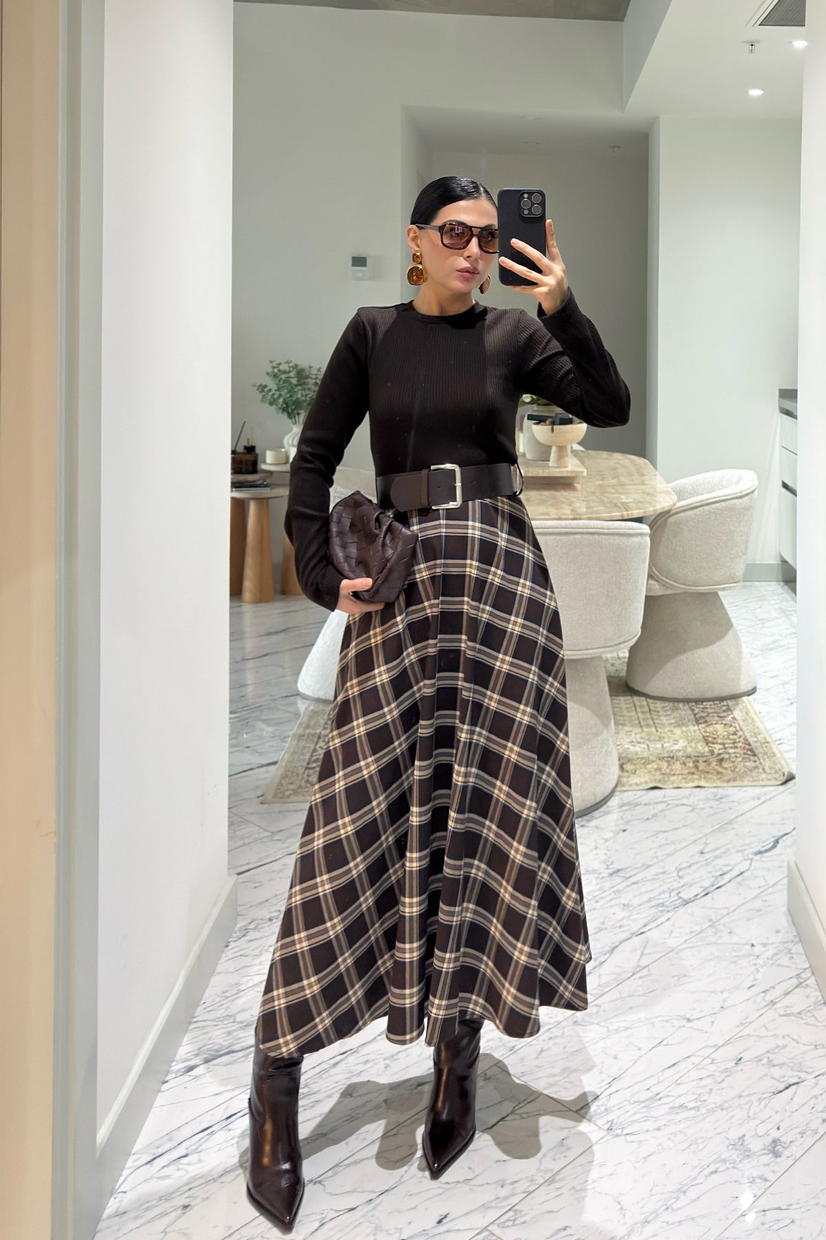 Örme Ekose Detaylı Kemerli Elbise SY-3615-Kahverengi